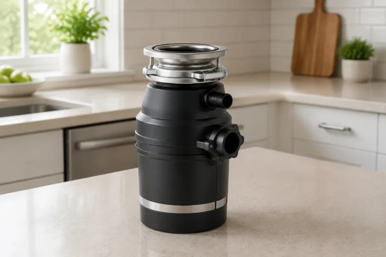 Kitchen garbage-disposal unit with drain flange displayed on a dry countertop