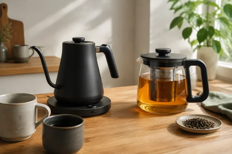 Editorial illustration: electric gooseneck kettle beside a glass loose-leaf tea infuser pot.